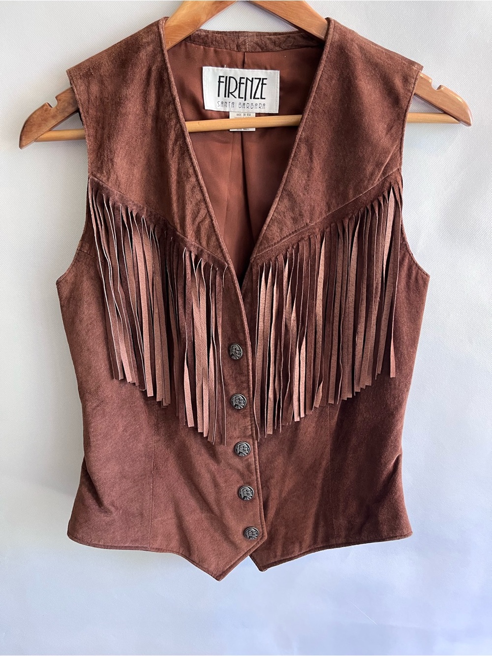 Vintage Firenze Santa Barbara Brown 70’s Leather Fringe Vest Western Boho